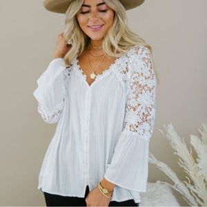 Women's New Bohemian Lace 3/4 Sleeve Button Front Floral Romantic Blouse Top